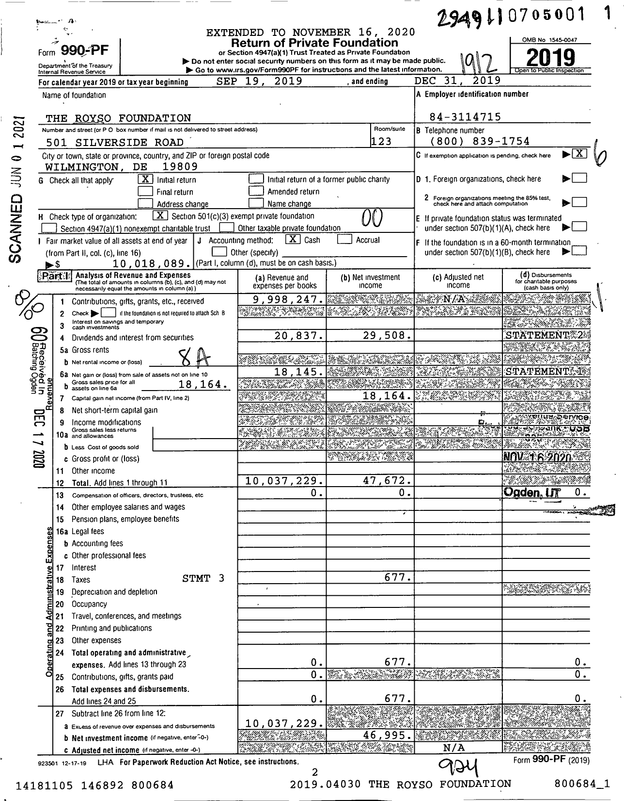 Image of first page of 2019 Form 990PF for The Royso Foundation