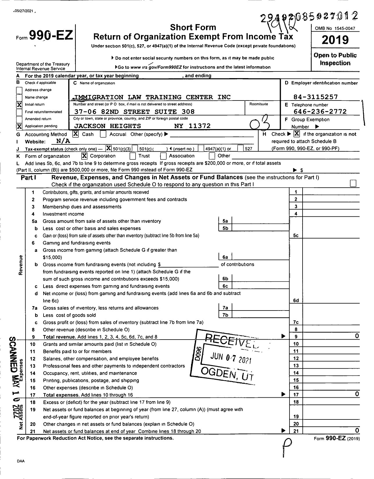 Image of first page of 2019 Form 990EZ for Immigration Law Training Center