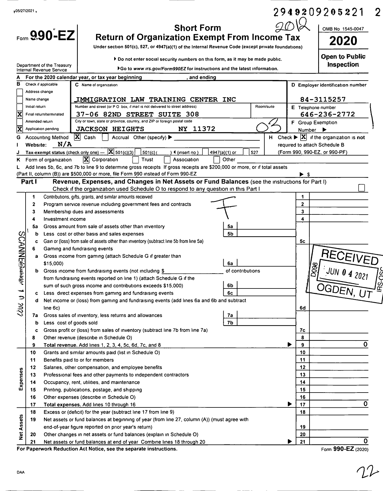 Image of first page of 2020 Form 990EZ for Immigration Law Training Center