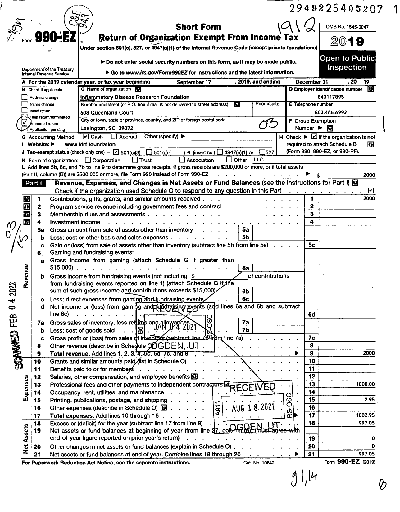 Image of first page of 2019 Form 990EZ for Inflammatory Disease Reseach Foundation