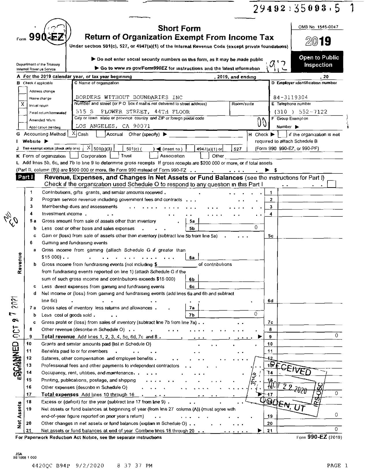 Image of first page of 2019 Form 990EO for Borders Without Boundaries