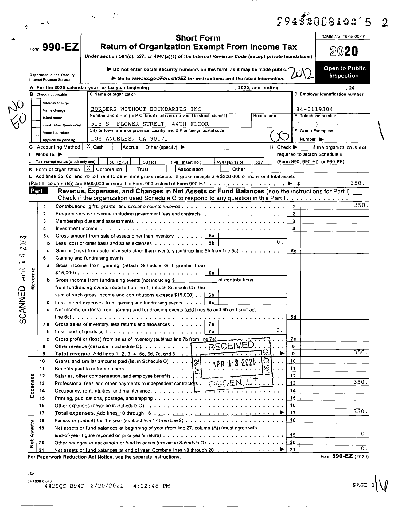 Image of first page of 2020 Form 990EO for Borders Without Boundaries