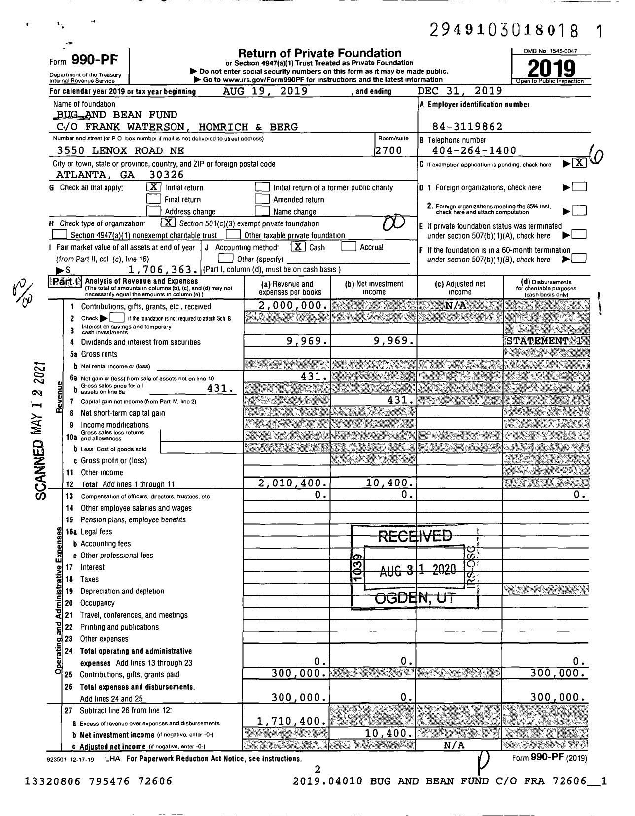 Image of first page of 2019 Form 990PF for Bug and Bean Fund