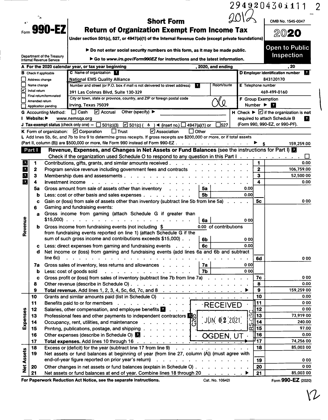 Image of first page of 2020 Form 990EO for National EMS Quality Alliance