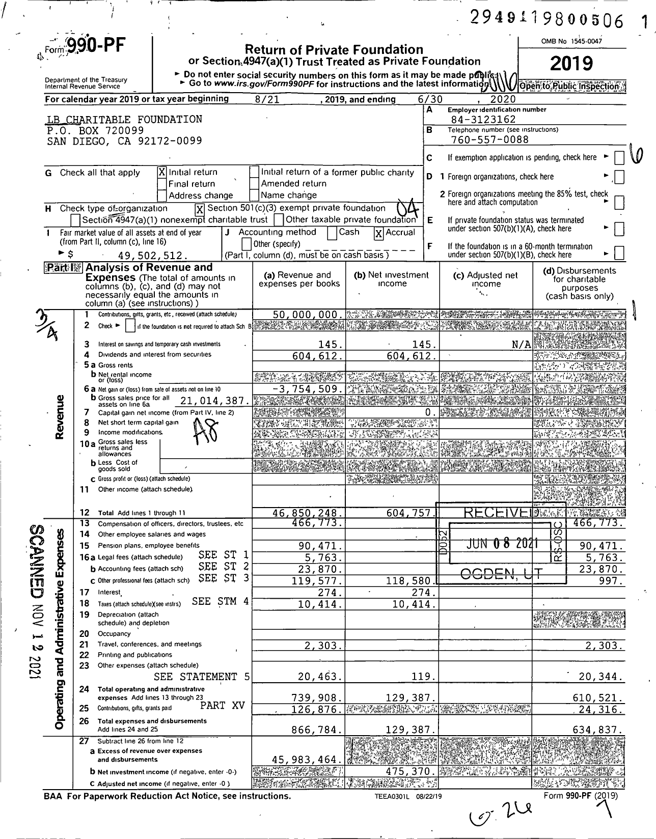 Image of first page of 2019 Form 990PF for LB Charitable Foundation