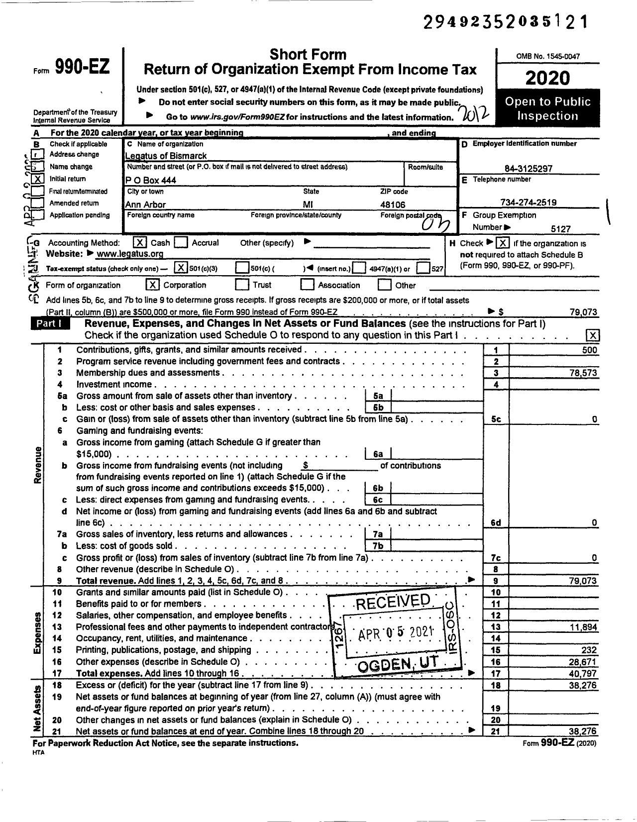 Image of first page of 2020 Form 990EZ for Legatus of Bismarck