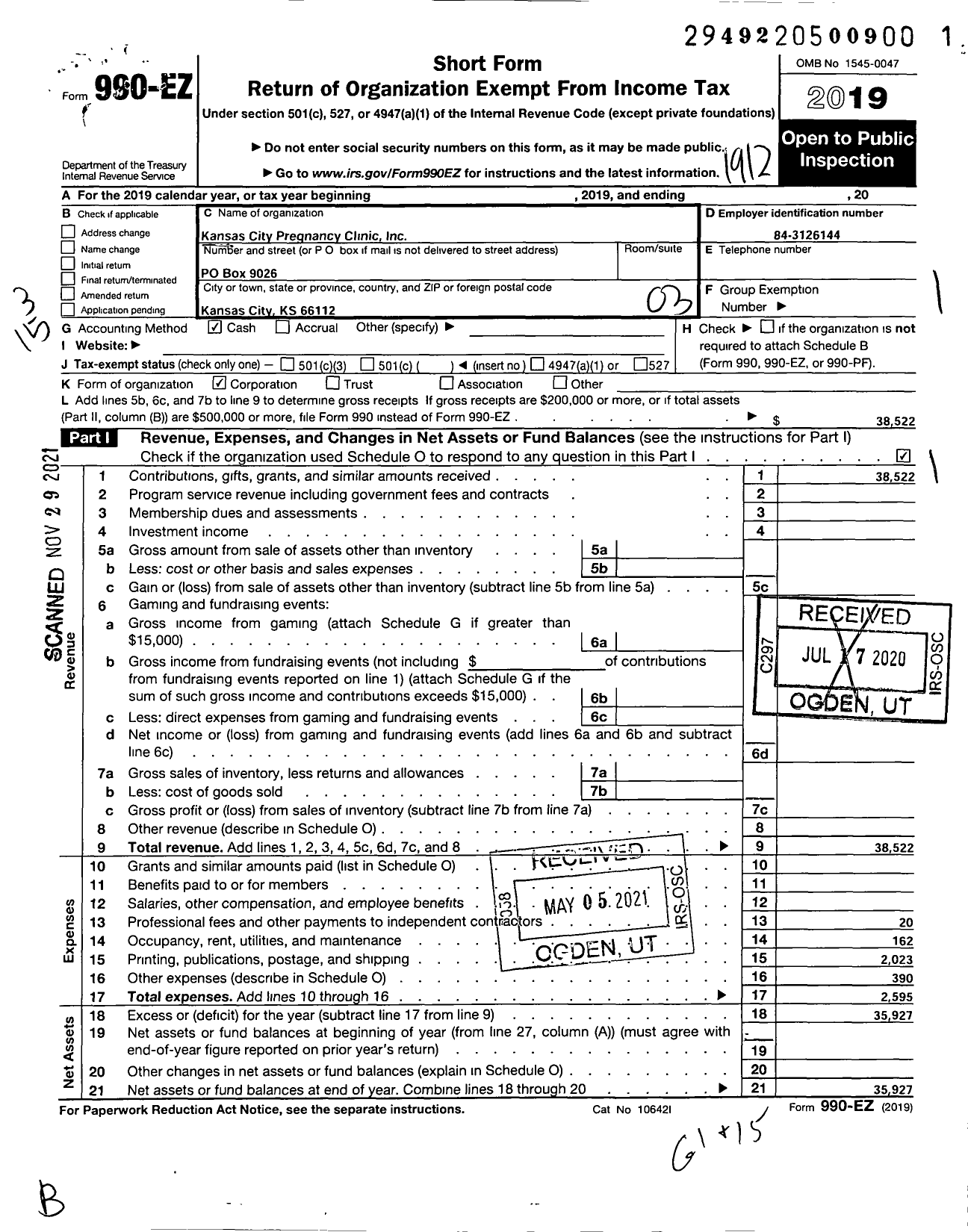 Image of first page of 2019 Form 990EZ for Kansas City Pregnancy Clinic