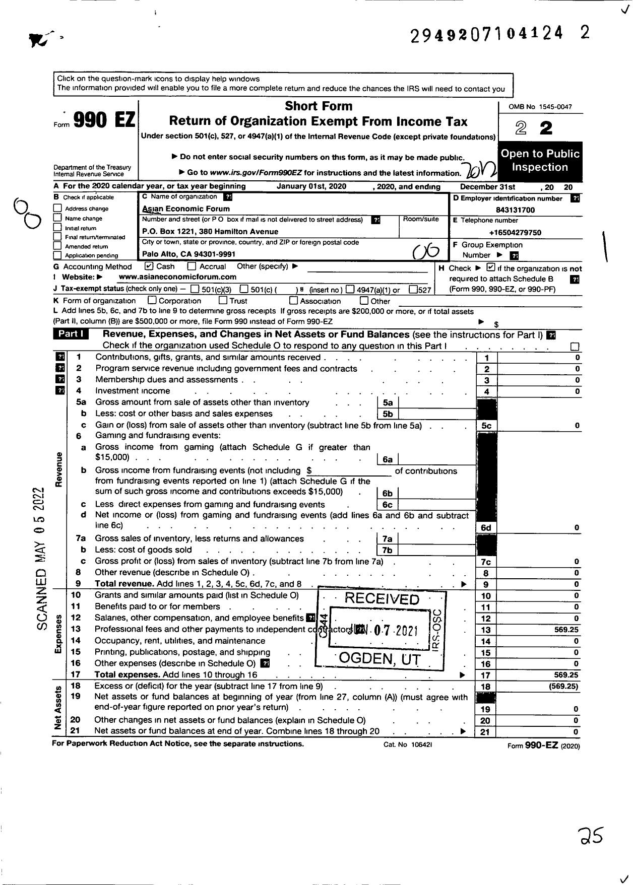 Image of first page of 2020 Form 990EO for Asian Economic Forum