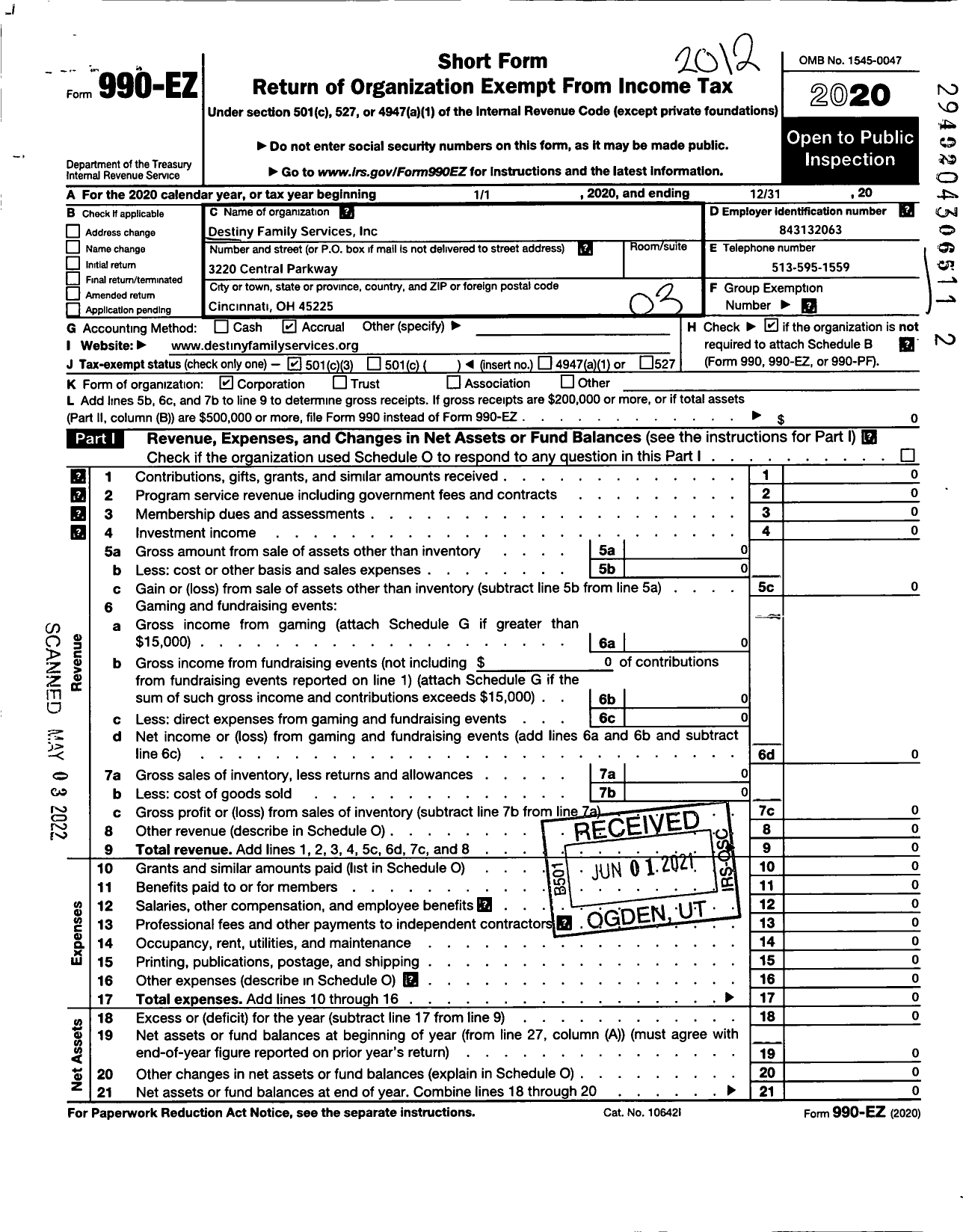 Image of first page of 2020 Form 990EZ for Destiny Family Services