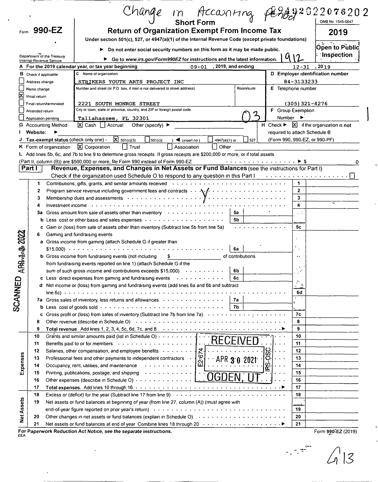 Image of first page of 2019 Form 990EZ for Strikers Youth Arts Project