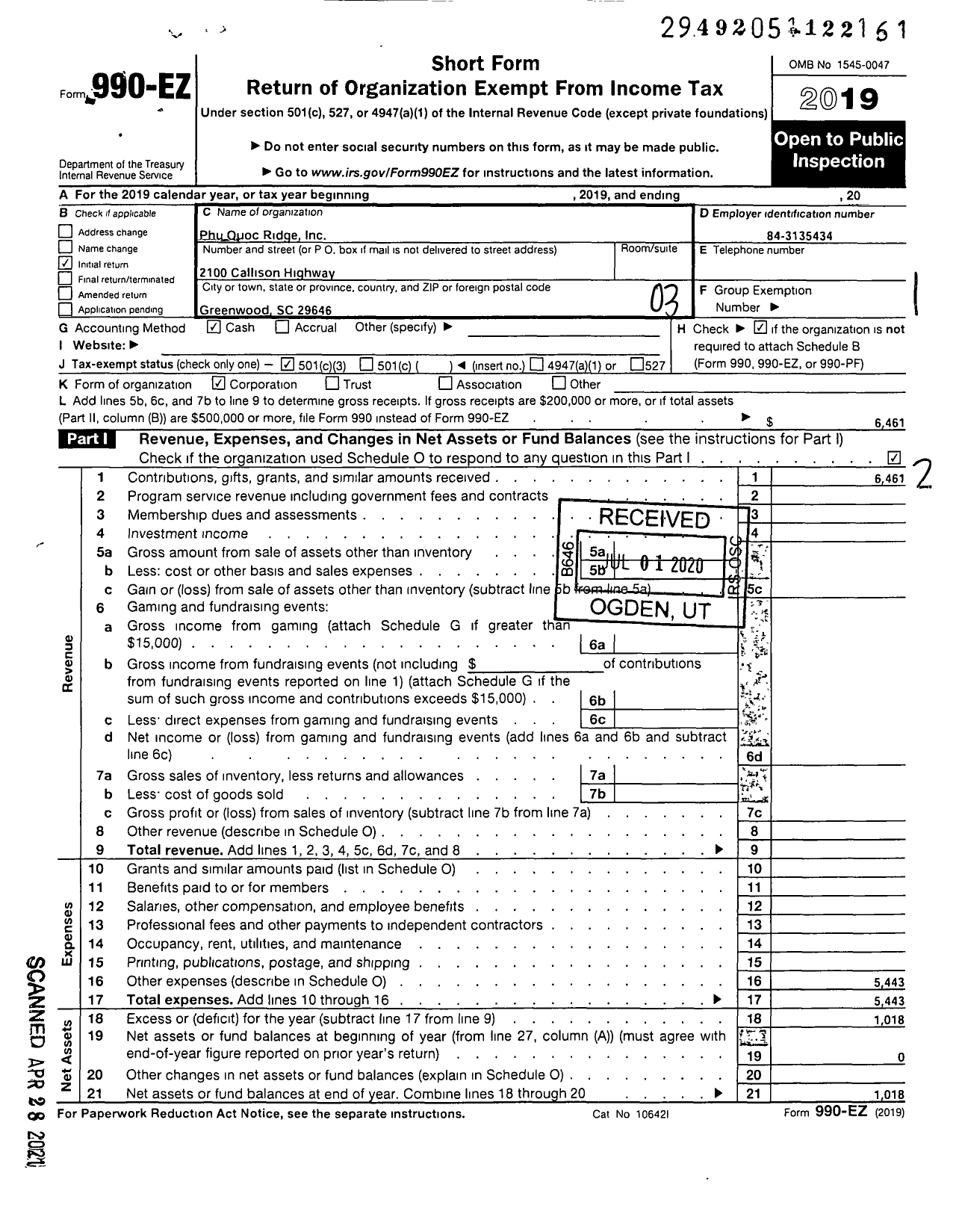 Image of first page of 2019 Form 990EZ for Phu Quoc Ridge