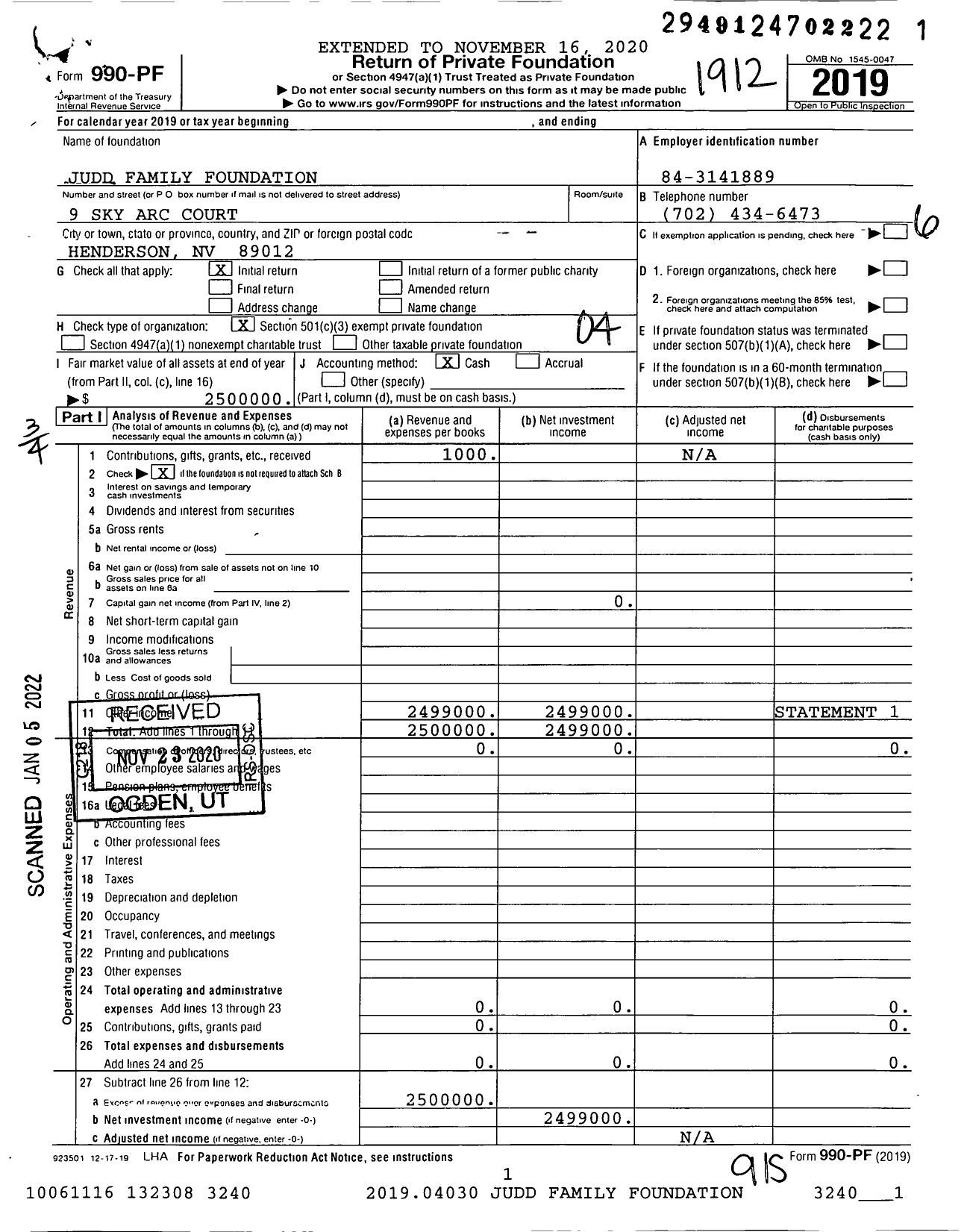Image of first page of 2019 Form 990PF for Judd Family Foundation