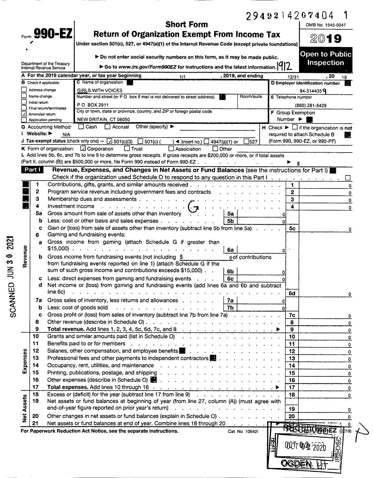 Image of first page of 2019 Form 990EZ for Girls with Voices (GWV)