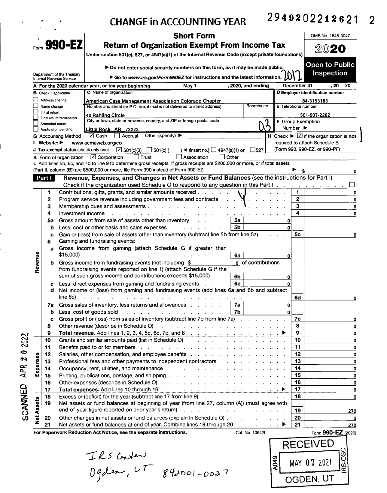 Image of first page of 2020 Form 990EZ for American Case Management Association Colorado Chapter