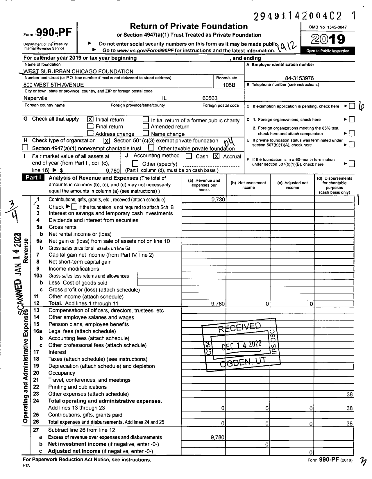 Image of first page of 2019 Form 990PF for West Suburban Chicago Foundation