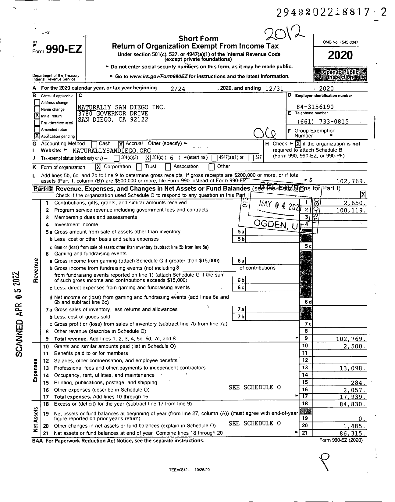 Image of first page of 2020 Form 990EO for Naturally San Diego