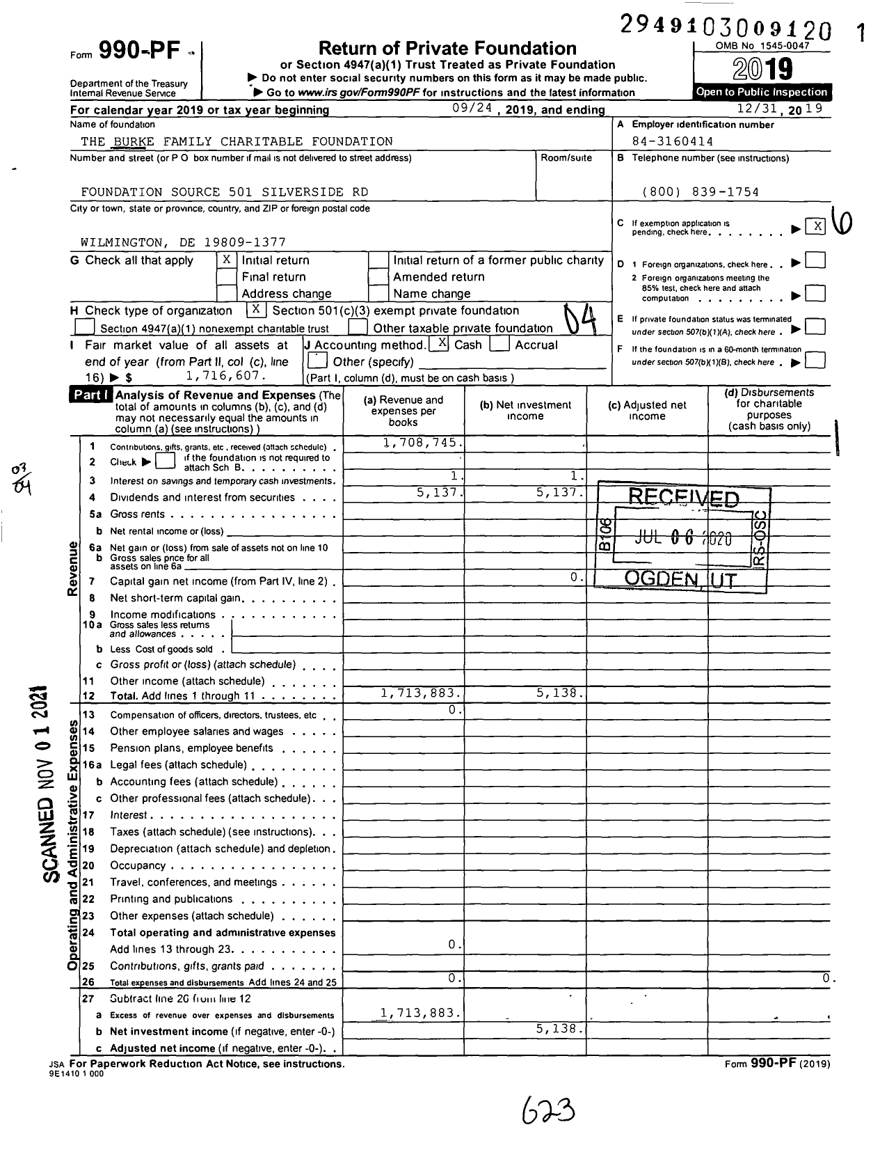 Image of first page of 2019 Form 990PF for The Burke Family Charitable Foundation