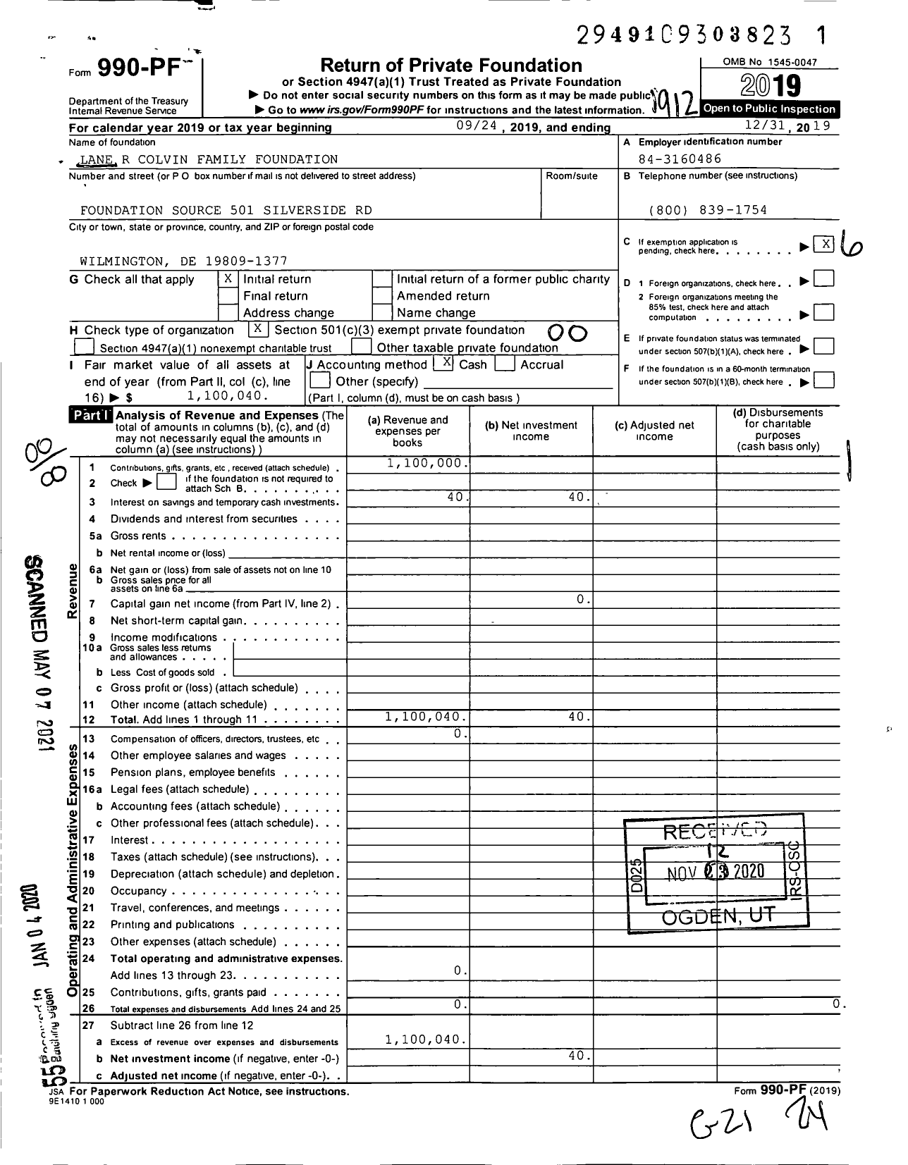 Image of first page of 2019 Form 990PF for Lane R Colvin Family Foundation