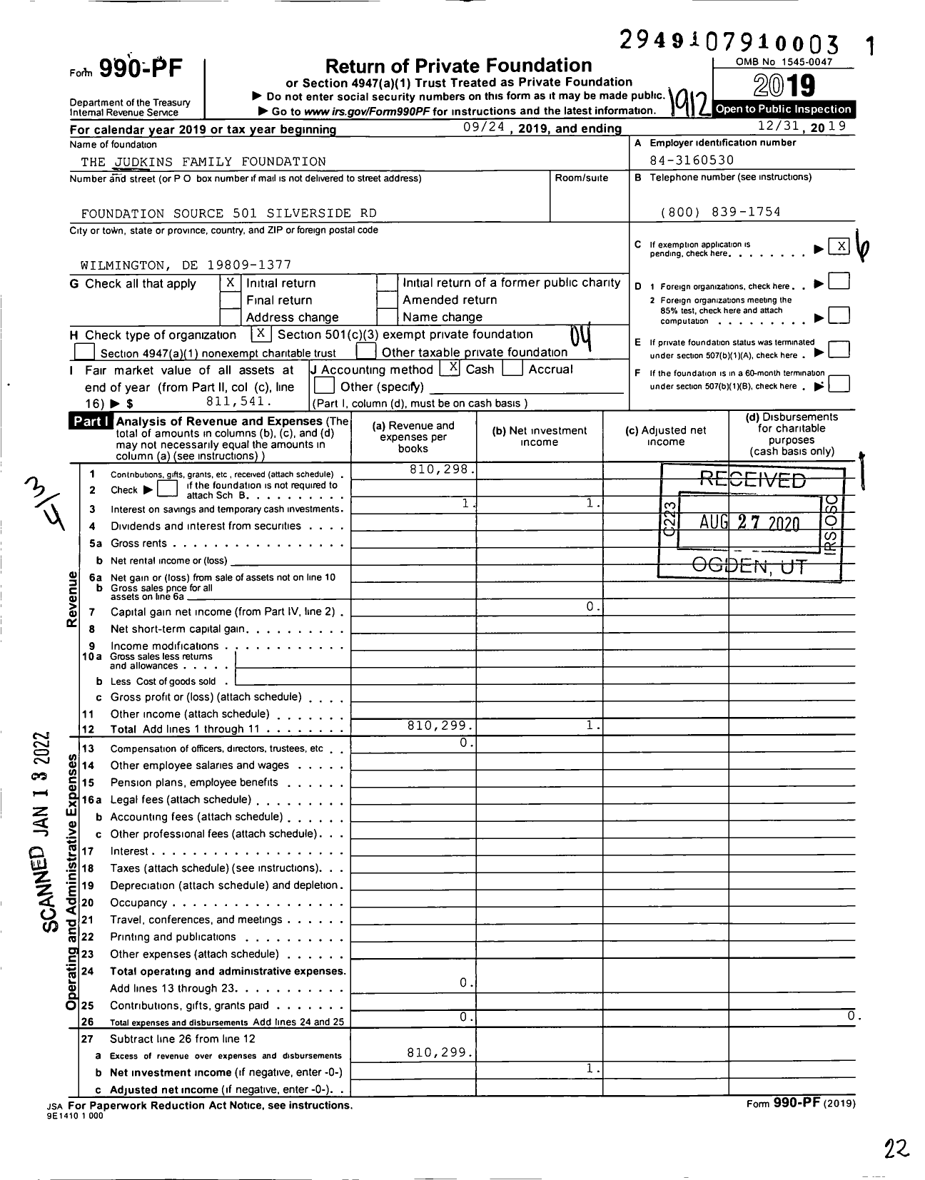 Image of first page of 2019 Form 990PF for The Judkins Family Foundation