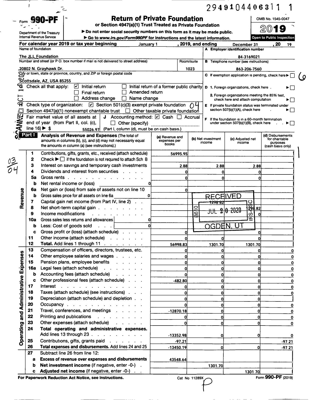 Image of first page of 2019 Form 990PF for JLL Foundation