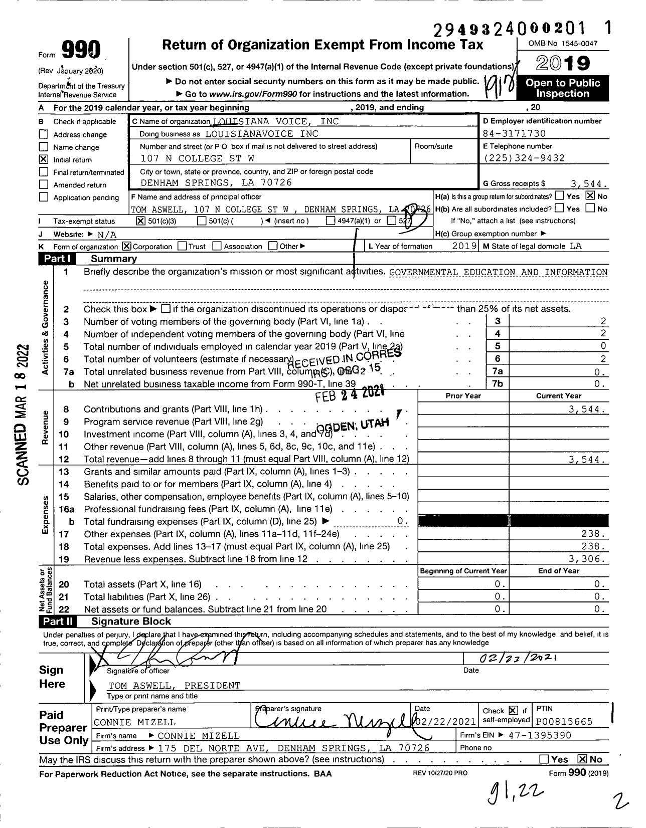 Image of first page of 2019 Form 990 for Louisianavoice