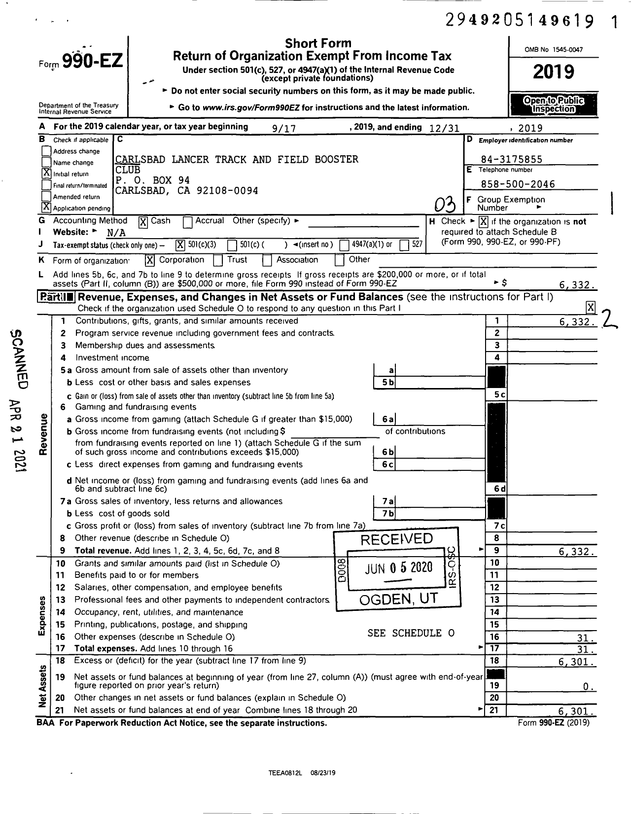 Image of first page of 2019 Form 990EZ for Carlsbad Lancer Track and Field Booster Club