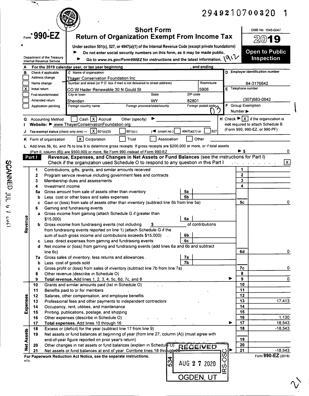 Image of first page of 2019 Form 990EZ for Thayer Conservation Foundation