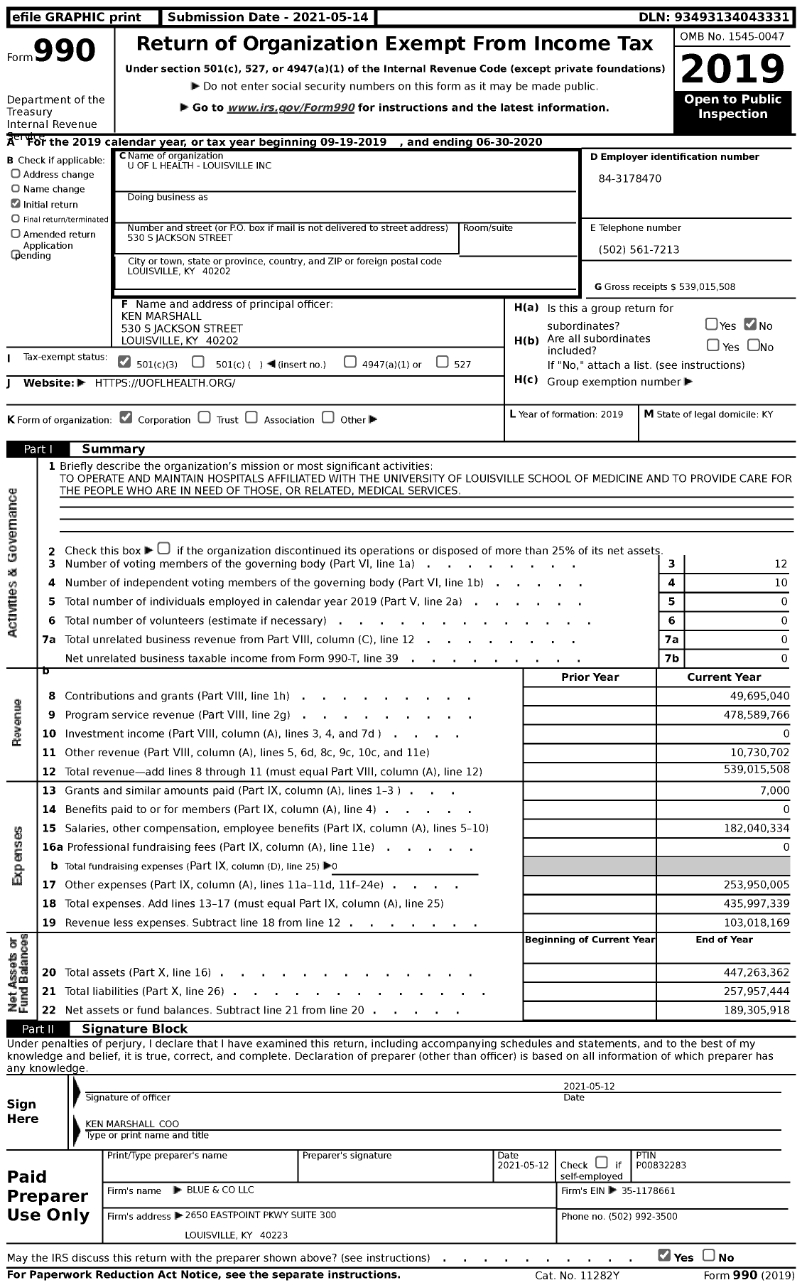 Image of first page of 2019 Form 990 for Uofl of L Health - Louisville