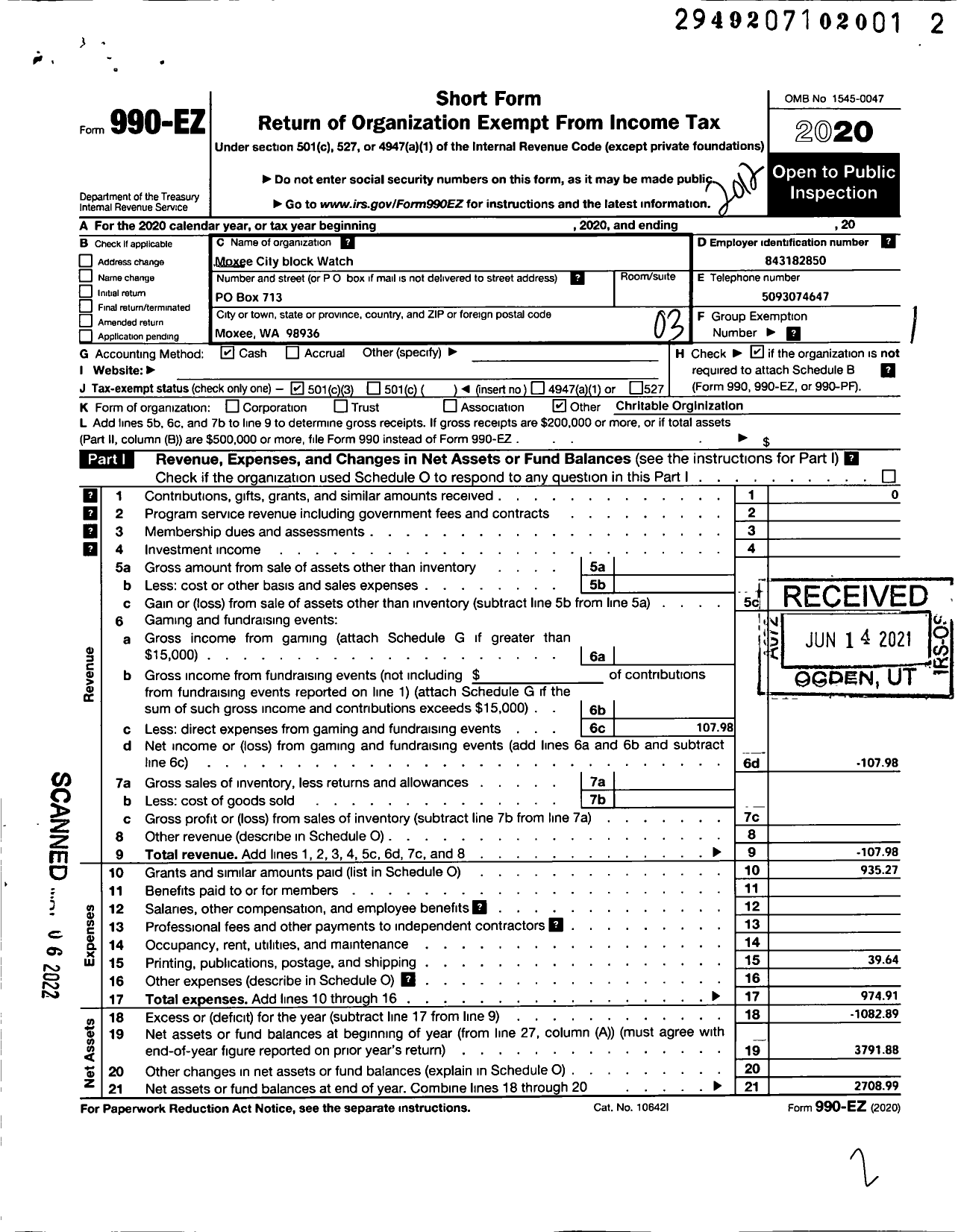 Image of first page of 2020 Form 990EZ for Moxee City Block Watch