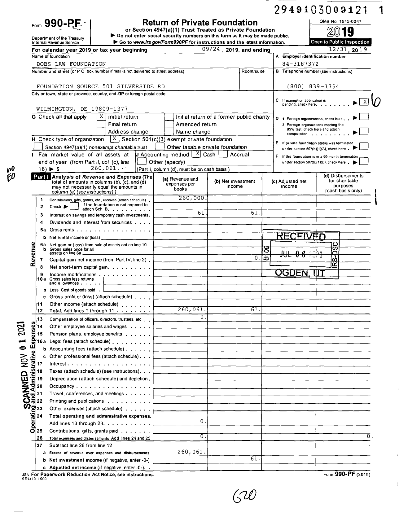 Image of first page of 2019 Form 990PF for DOBS Law Foundation