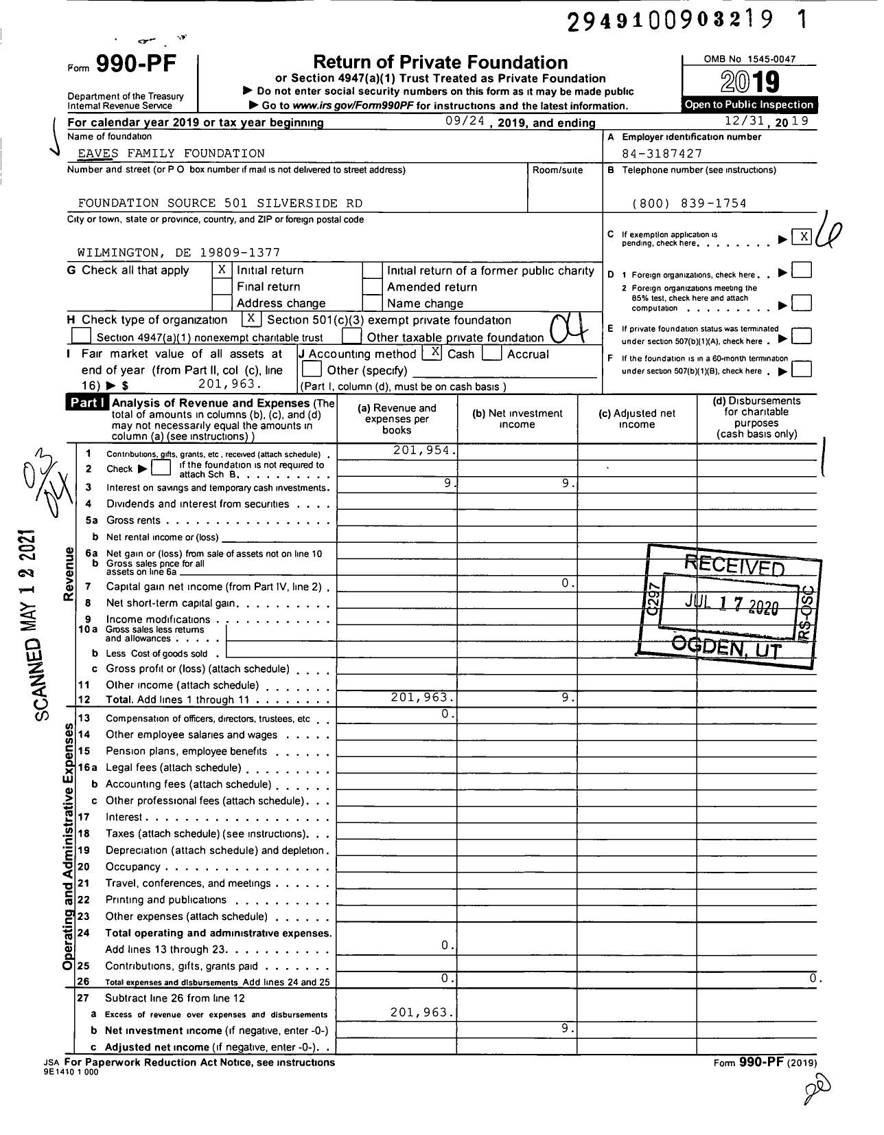 Image of first page of 2019 Form 990PF for Eaves Family Foundation