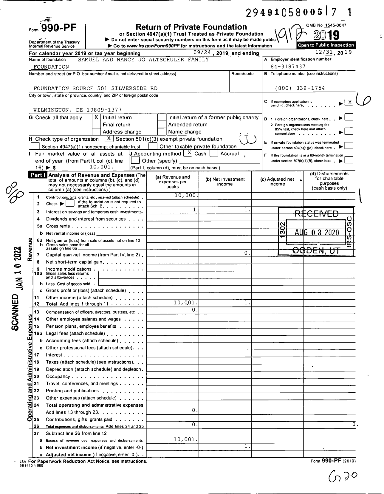 Image of first page of 2019 Form 990PF for Samuel & Nancy Jo Altschuler Family Foundation