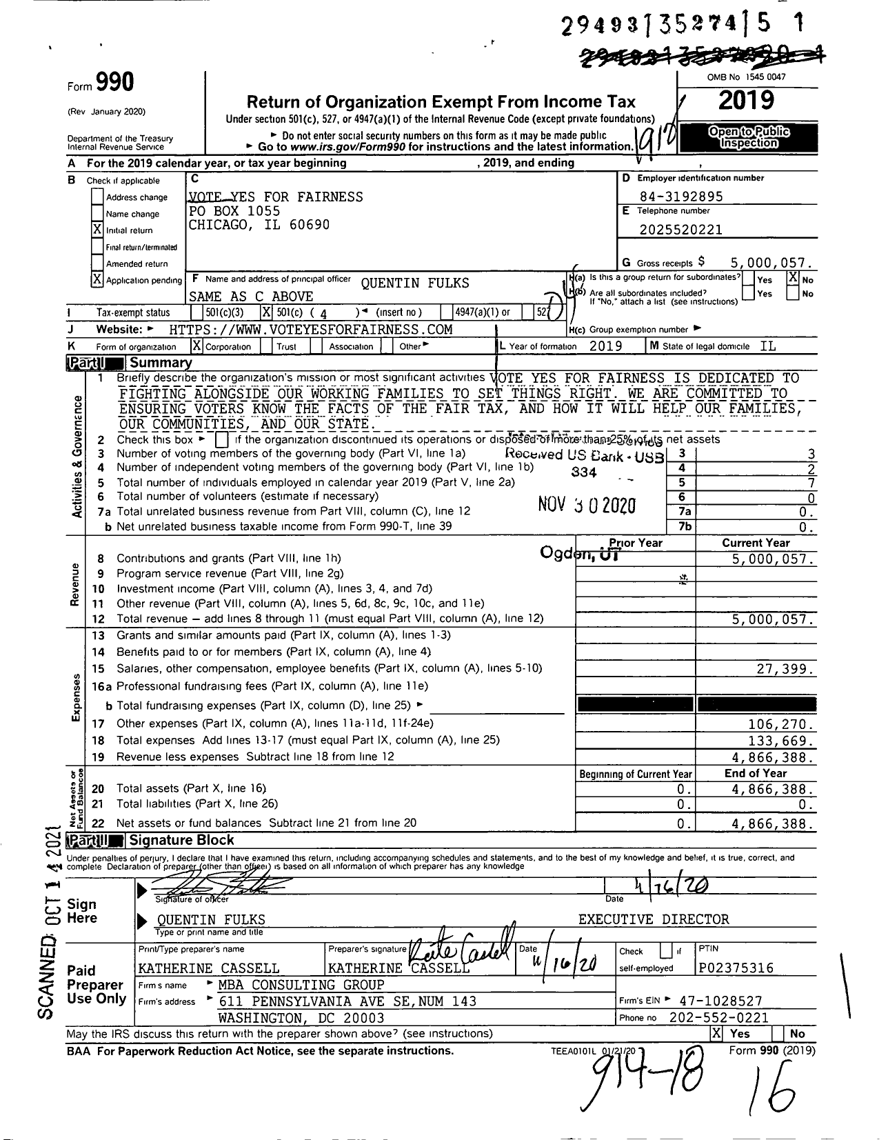 Image of first page of 2019 Form 990O for Vote Yes for Fairness