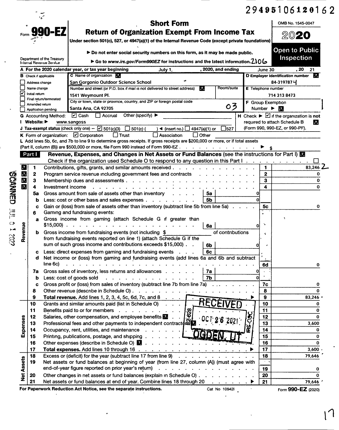 Image of first page of 2020 Form 990EZ for San Gorgonio Outdoor Science School