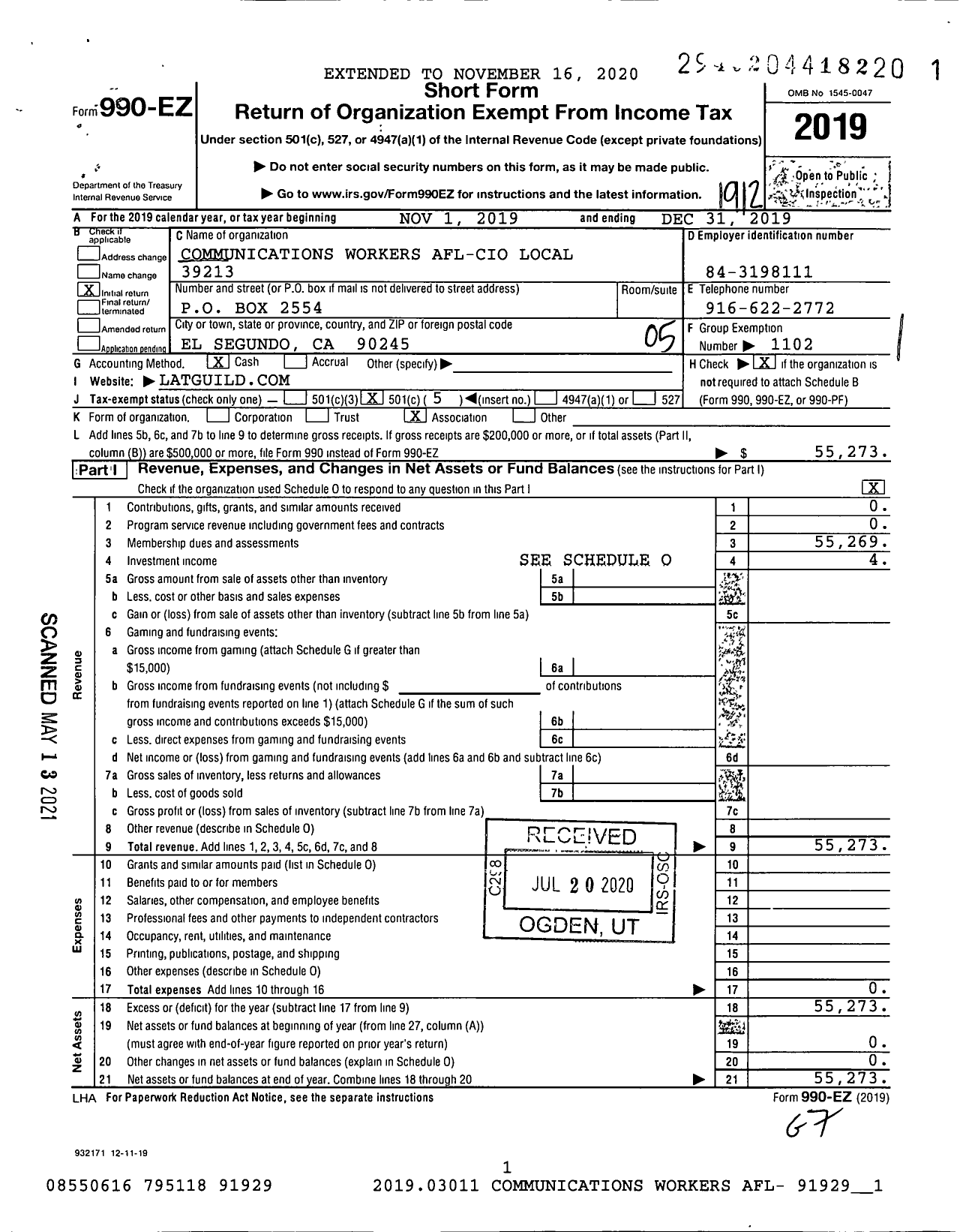 Image of first page of 2019 Form 990EO for Communications Workers of America - Media Guild of the West