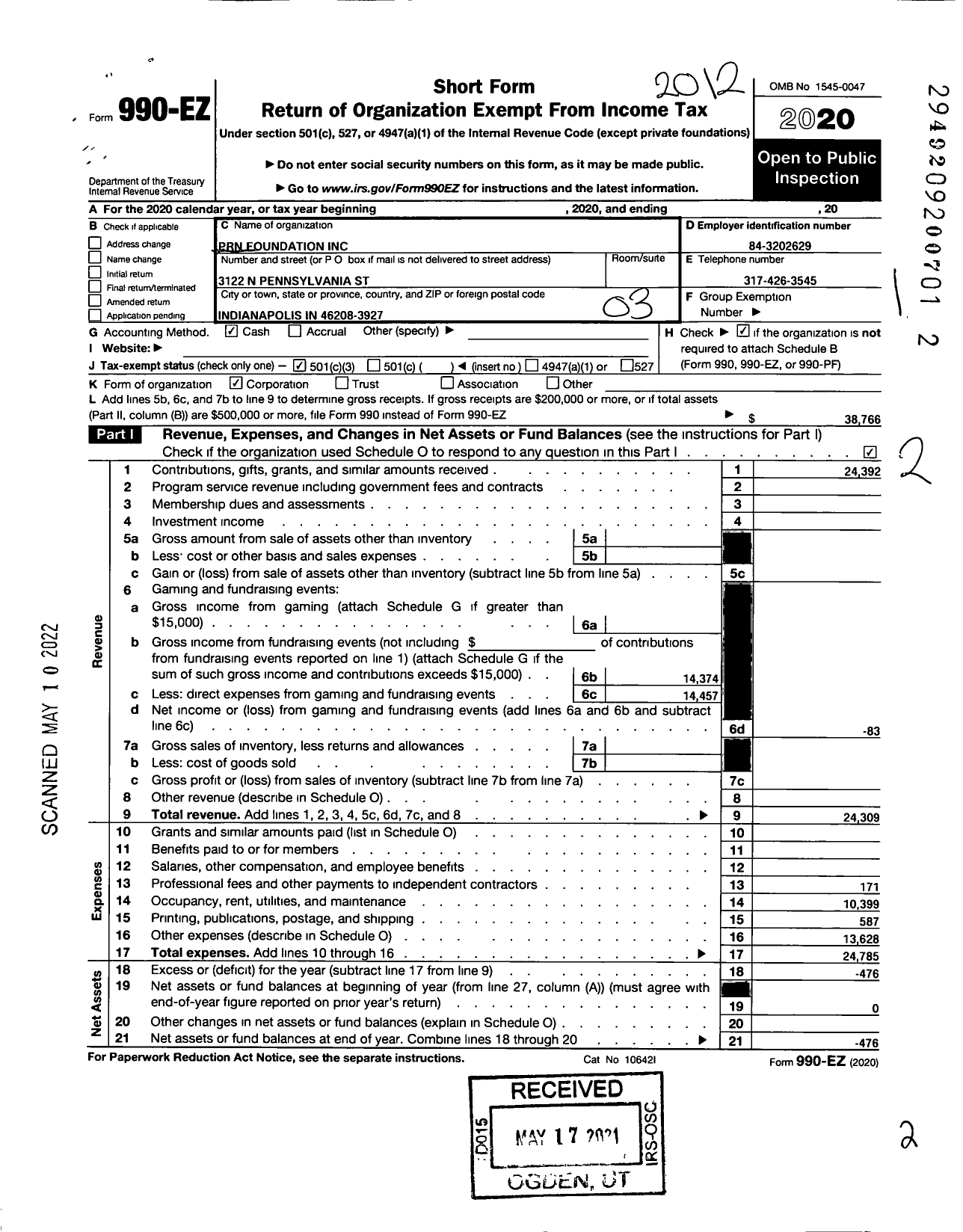 Image of first page of 2020 Form 990EZ for PRN Foundation