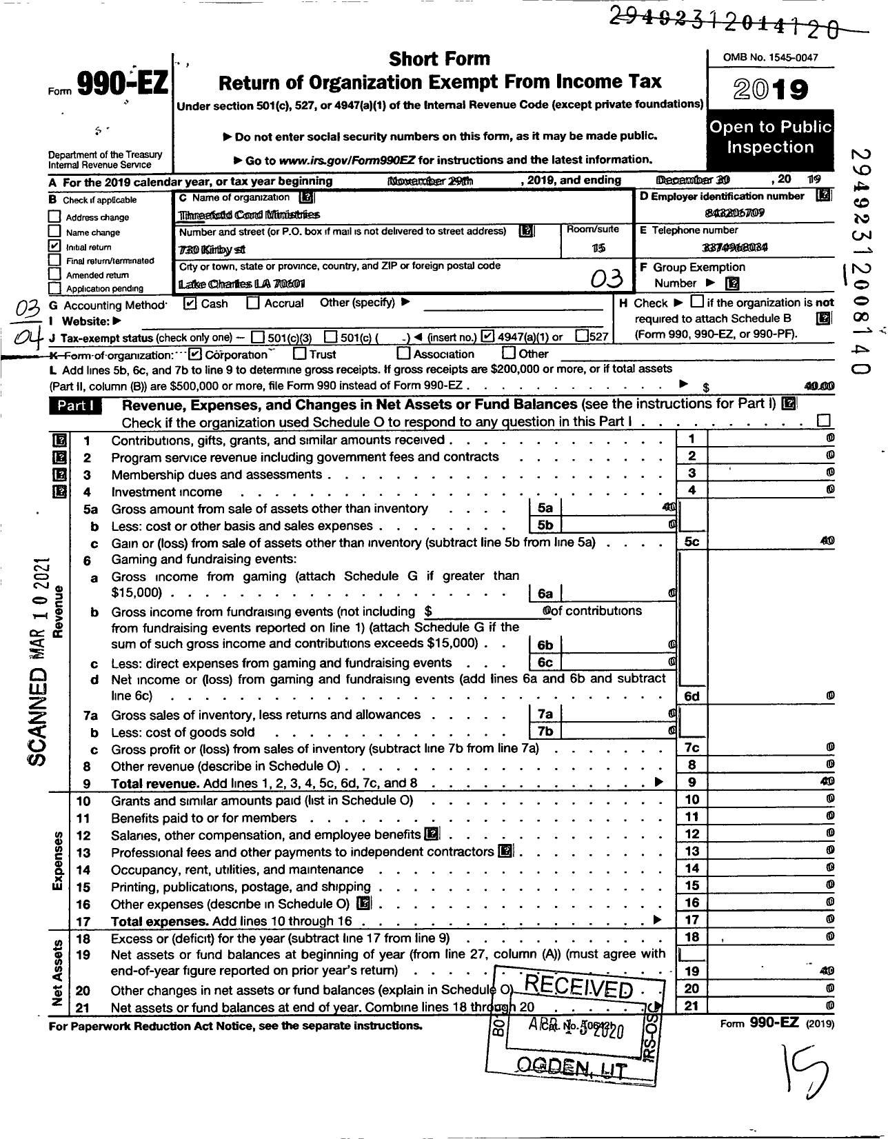 Image of first page of 2019 Form 990EZ for Threefold Cord Ministries