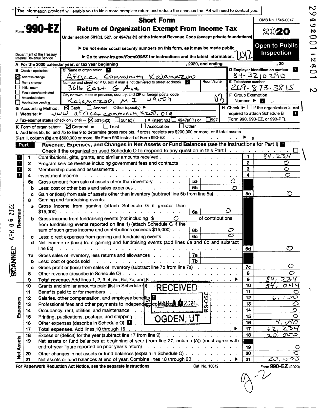 Image of first page of 2020 Form 990EZ for African Community Kalamazoo