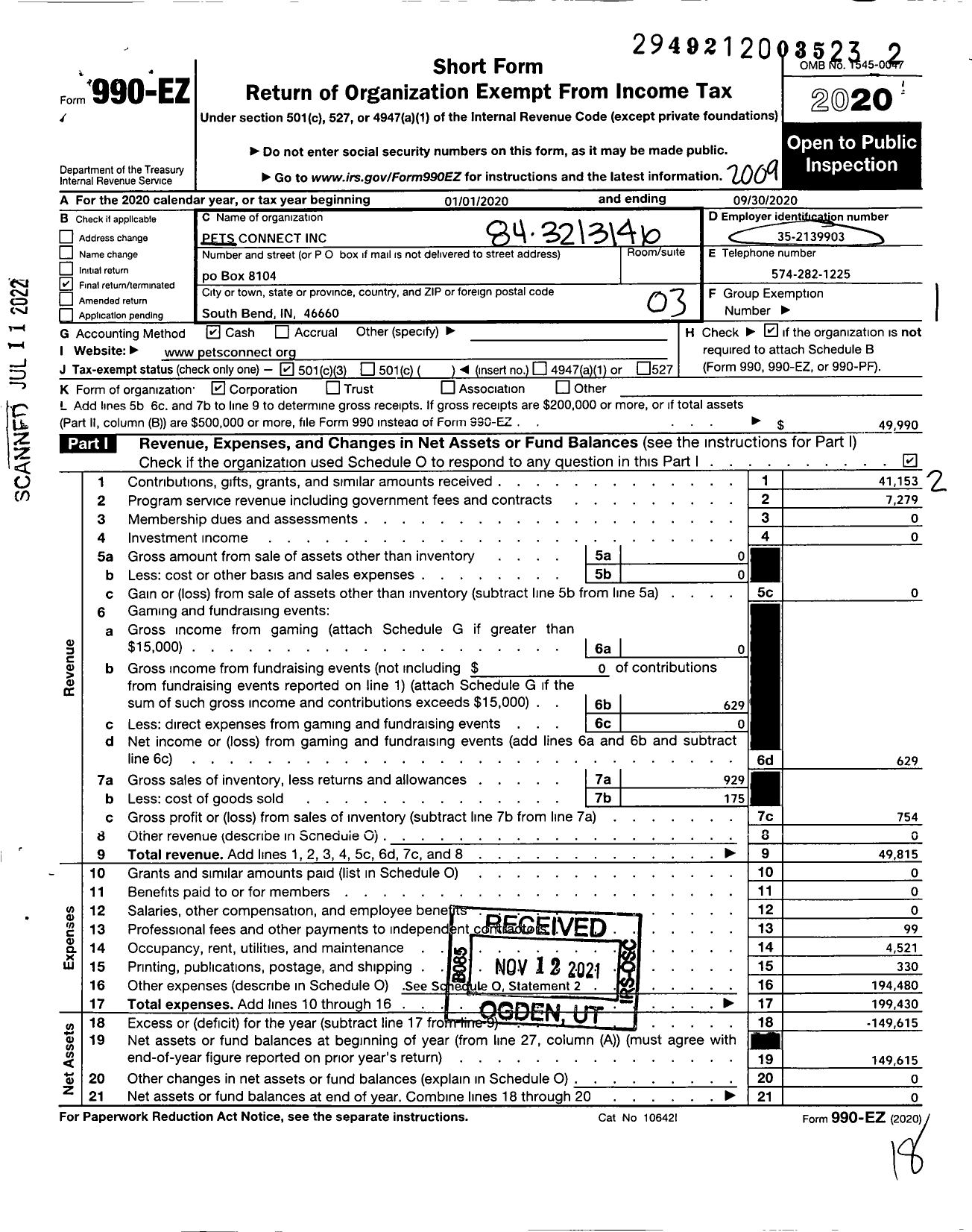 Image of first page of 2019 Form 990EZ for Petsconnect Incorporated