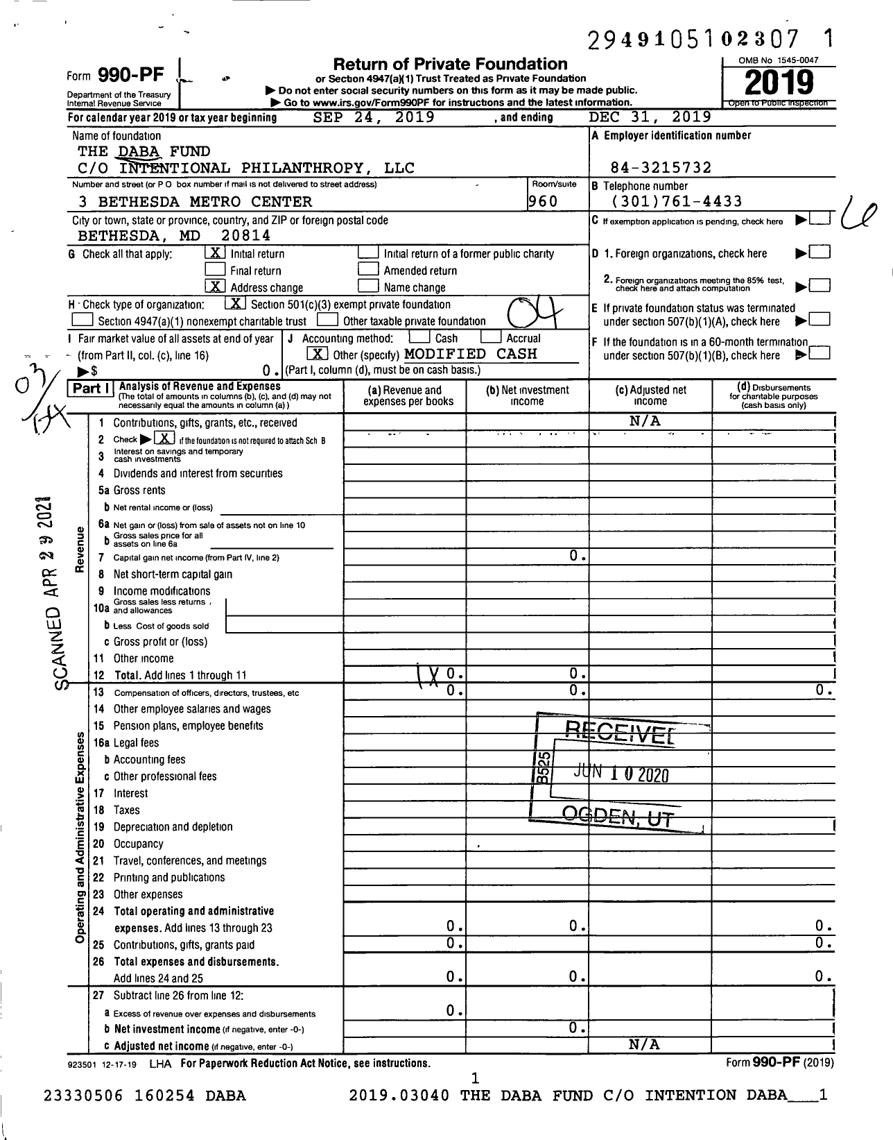 Image of first page of 2019 Form 990PF for The Daba Fund