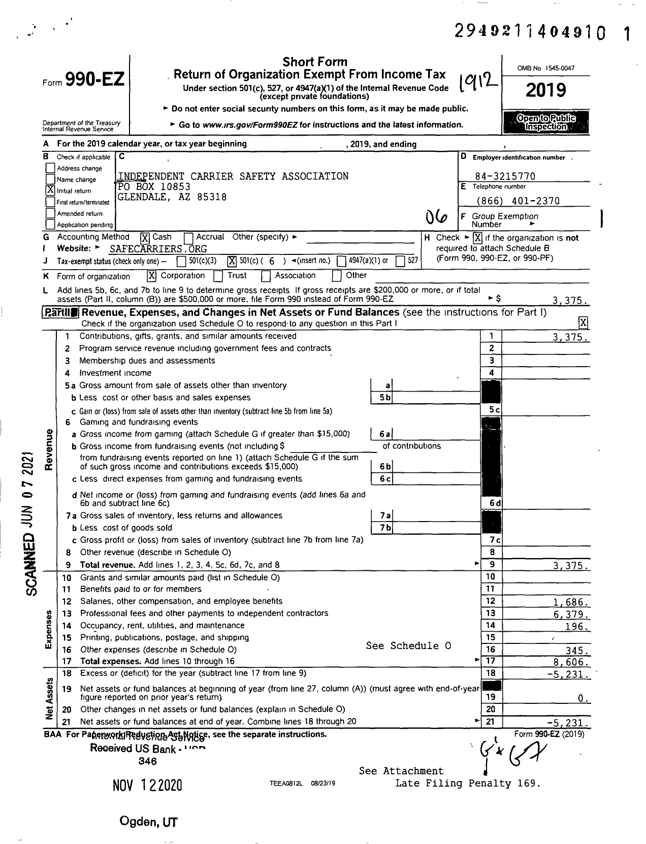 Image of first page of 2019 Form 990EO for Independent Carrier Safety Association