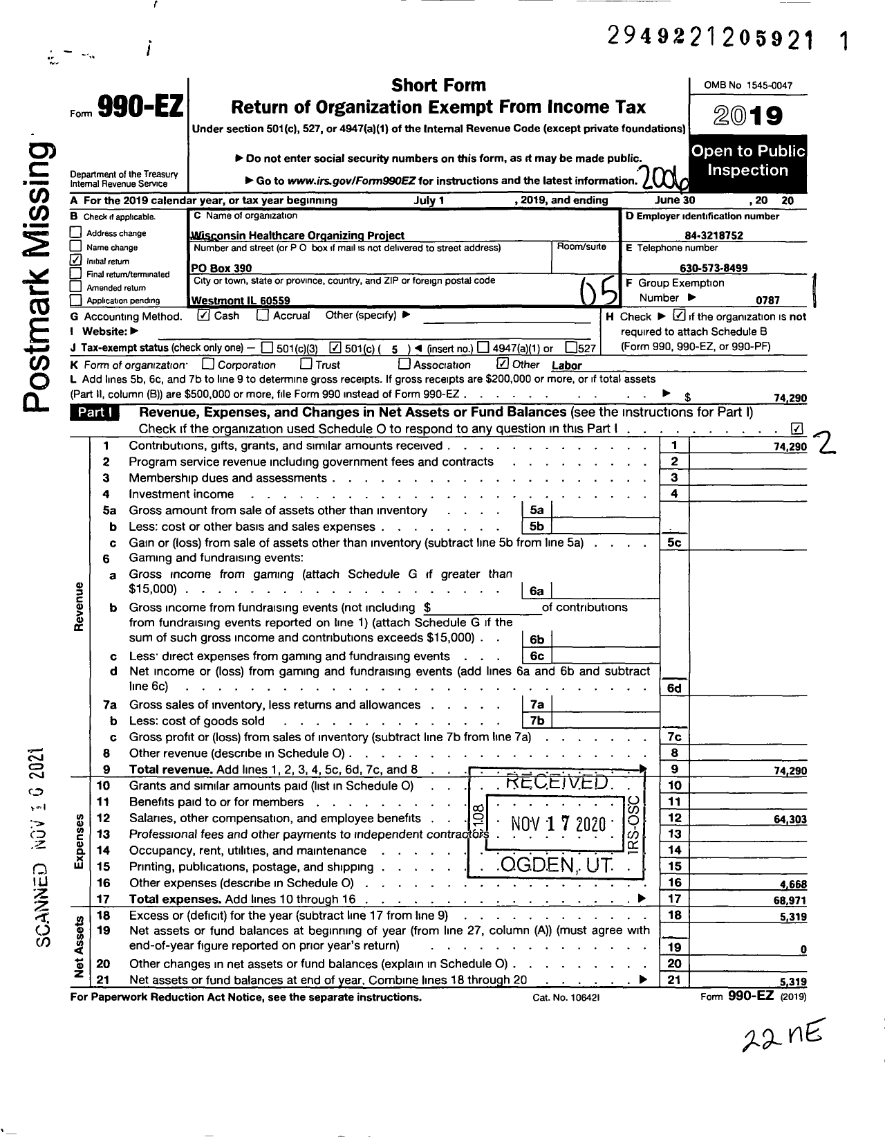 Image of first page of 2019 Form 990EO for American Federation of Teachers - 8080 Wisconsin Healthcare Organizat