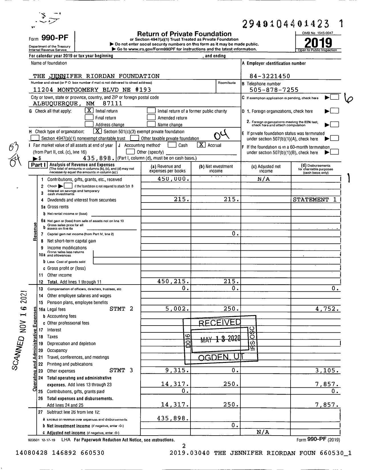 Image of first page of 2019 Form 990PF for The Jennifer Riordan Foundation