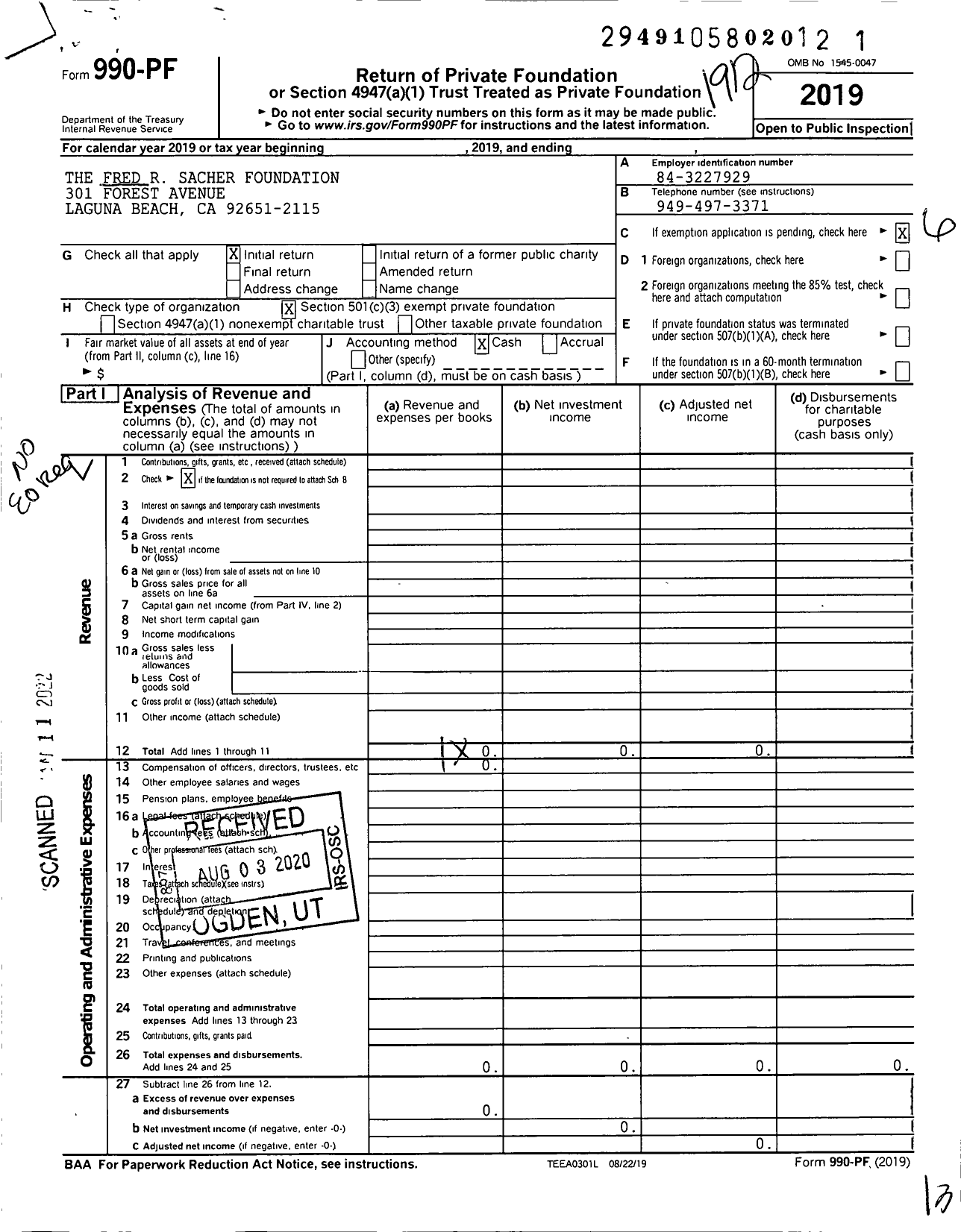 Image of first page of 2019 Form 990PF for The Fred R Sacher Foundation