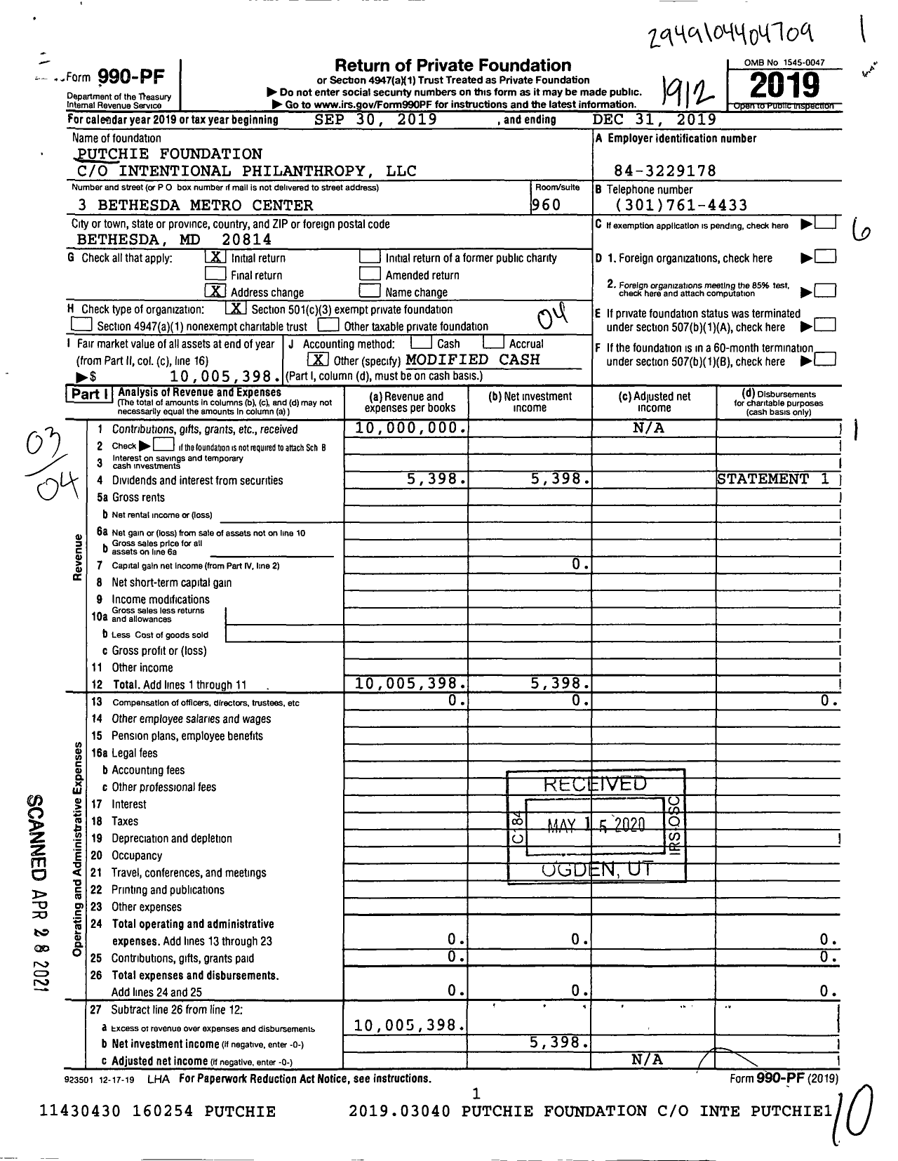 Image of first page of 2019 Form 990PF for Putchie Foundation