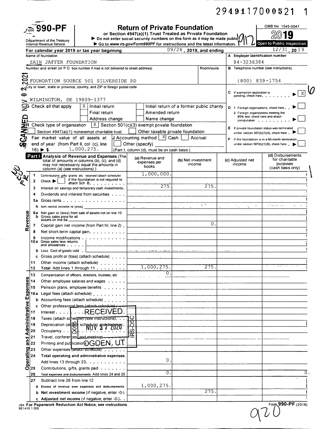 Image of first page of 2019 Form 990PF for Zain Jaffer Foundation