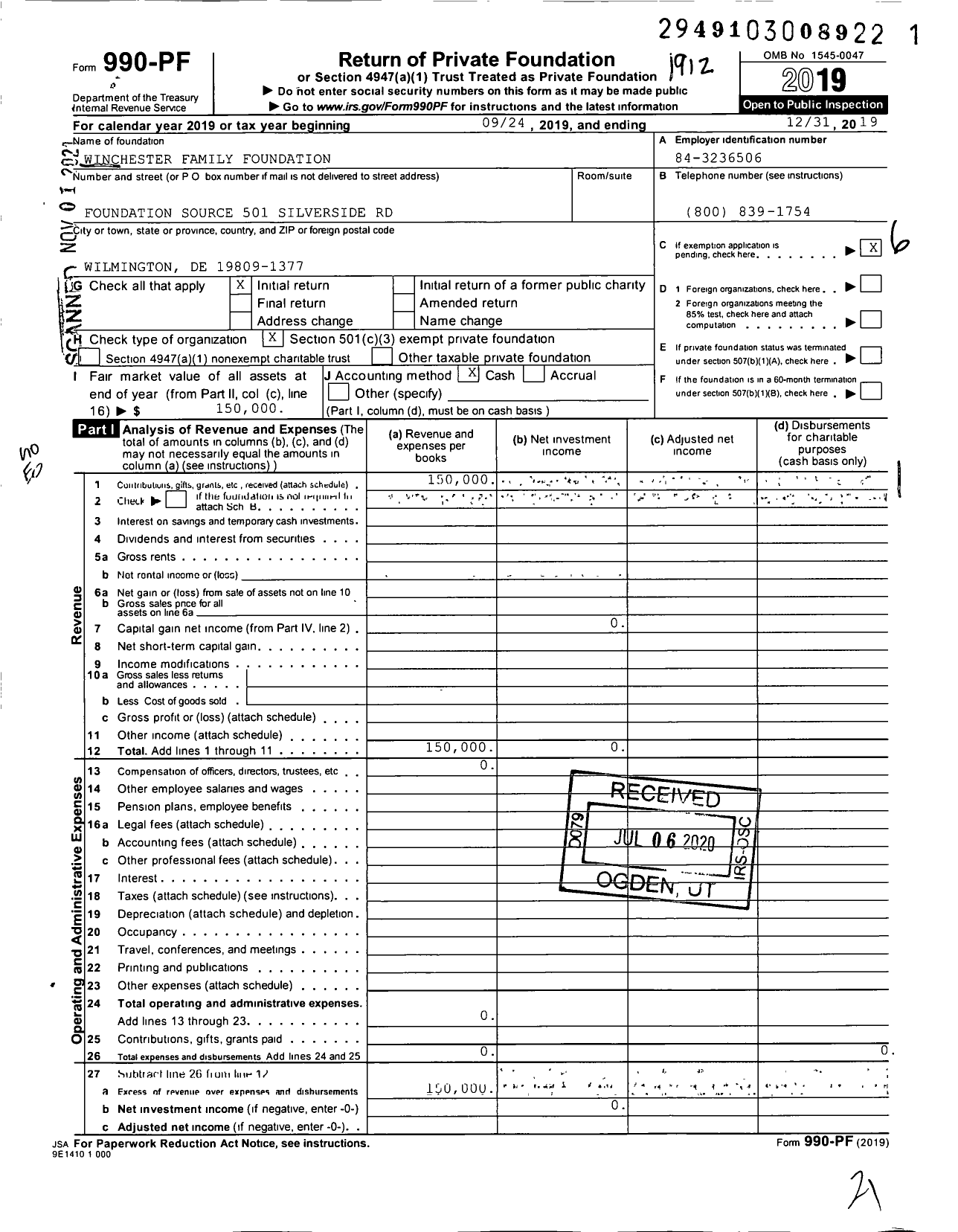 Image of first page of 2019 Form 990PF for Winchester Family Foundation