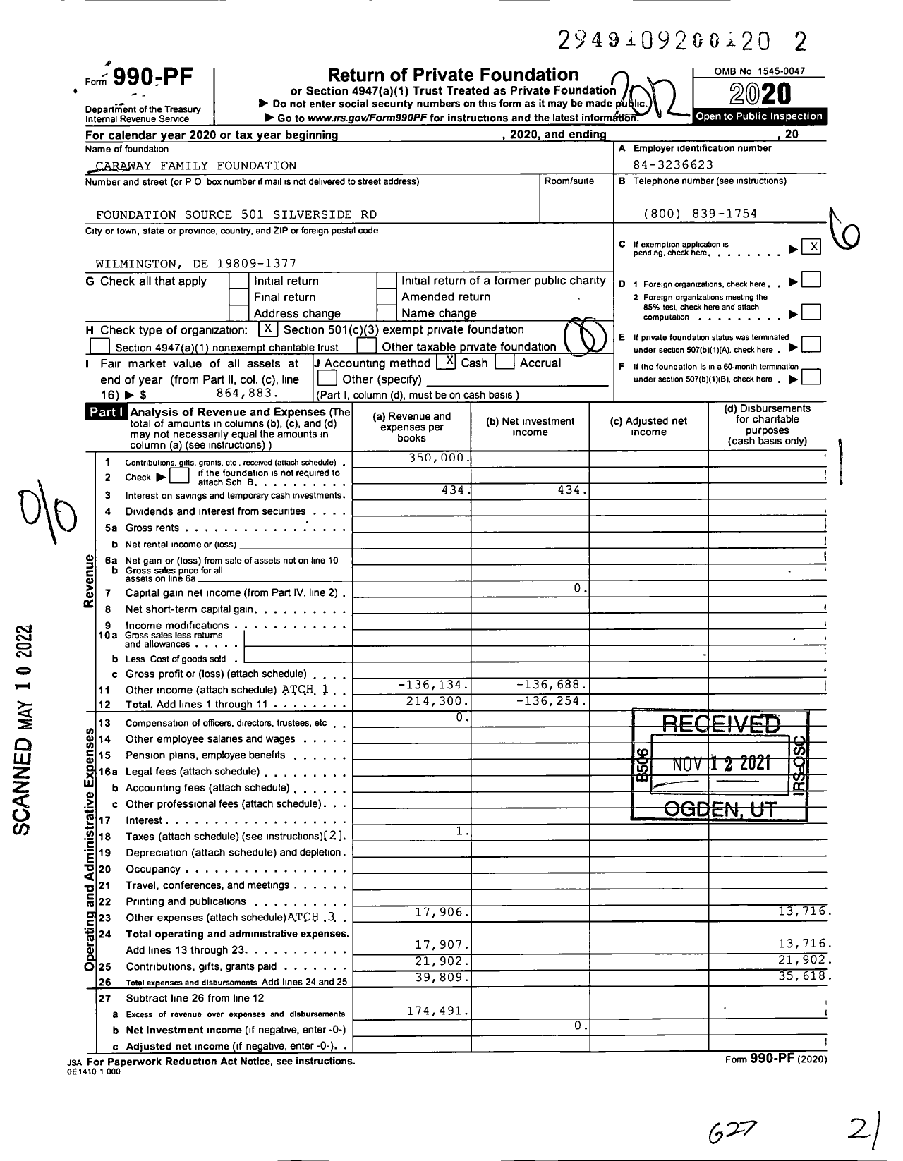 Image of first page of 2020 Form 990PF for Caraway Family Foundation