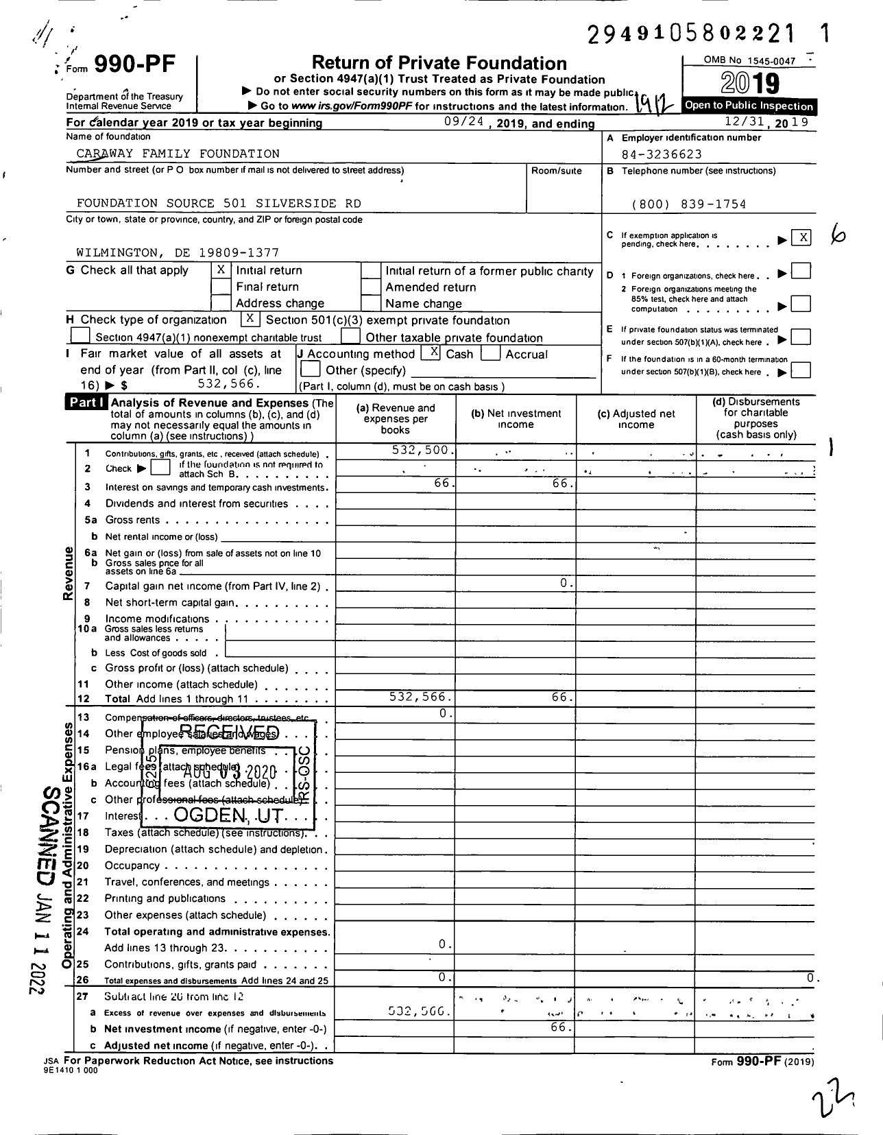 Image of first page of 2019 Form 990PF for Caraway Family Foundation