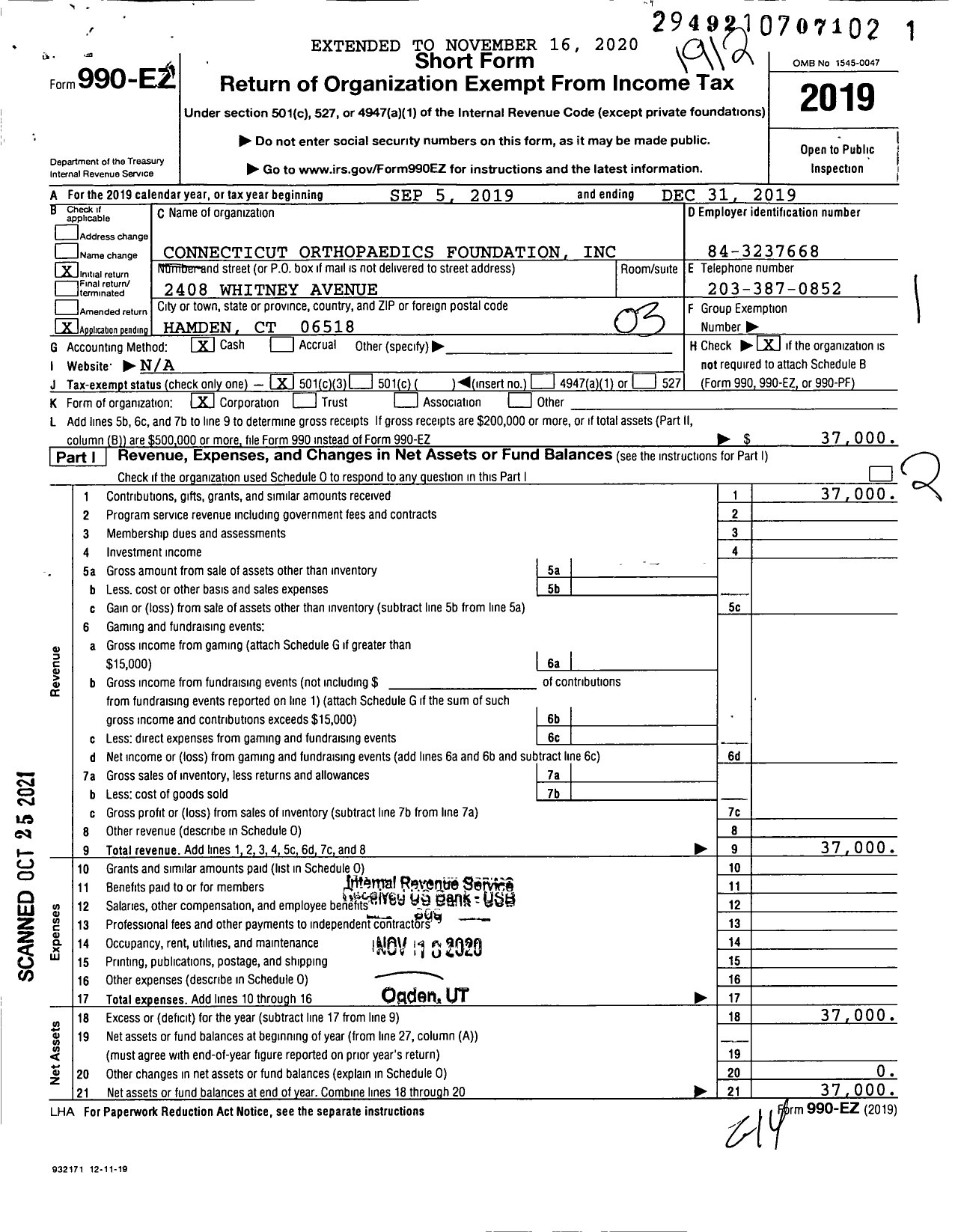 Image of first page of 2019 Form 990EZ for Connecticut Orthopaedics Foundation